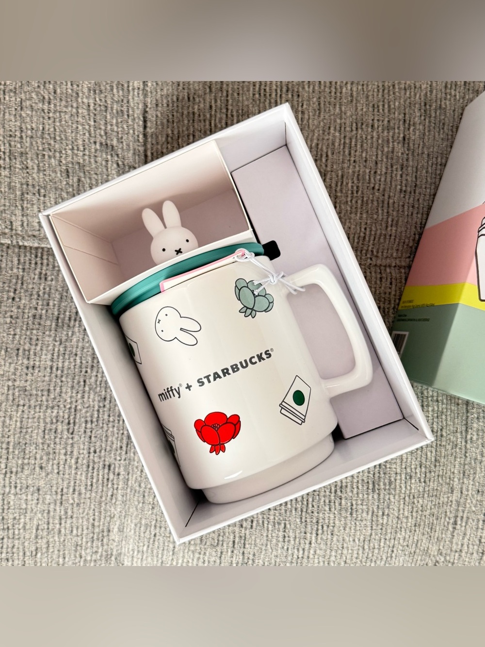 Starbucks x Miffy Ceramic Mug with Teal Lid and Red Floral Accent